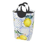 Vintage Lemon Summer Fruit Ethnic Blue, Laundry Hamper, Collapsible Laundry Basket Large Durable Storage Bin with Handles 50L