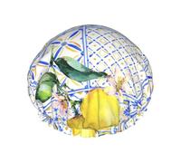 Vintage Lemon Summer Fruit Ethnic Blue,Shower Cap Nightcap Double Layer Waterproof Elastic Bath Cap Reusable Hair Cap