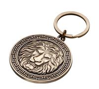 Vintage Leo the Lion Head Keyring Charm, 50mm Brass Colour Metal Pendant, Greek Key Border Design
