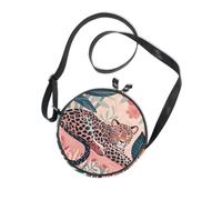 Vintage Leopard and Flowers Pink Round Womens Purses Crossbody for Women Trendy with Adjustable Strap Black Handbag Go shopping Canvas Messenger Purse
