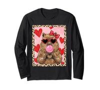 Vintage Leopard Funny Valentine's Day Capybara Lover Heart Long Sleeve T-Shirt