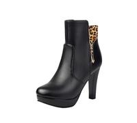 Vintage Leopard Print Ankle Boots Women PU Leather Short Boots Platform Booties With Zipper Large Size Ankle Shoes Autumn Winter High Heels(Black,5 UK)