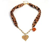 Vintage Leopard Print Heart Necklace with Silk Scarf & Amber Bead, Bold Statement Jewelry for Women, Retro Daily Wear & Gift Necklace