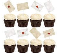 Vintage Letter Envelope Cupcake Toppers, 48 Pieces, with Red Wax Seal Design for Magic Theme Birthday Party Christmas Holiday Celebration Cake Decorations