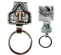 Vintage Letter Keychain, Handmade Cow Tag Belt Key Holder with Copper Initial, Cowboys Western Key Holder (T)