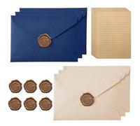Vintage Letter Paper with 6 Envelopes, 10 A5 Writing Paper and 6 Wax Seal, Kraft Paper, Beautiful Writing Paper Set for Wedding Birthday Greeting Cards, Dark Blue & Off-White