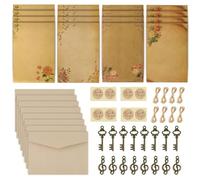 Vintage Letter Writing Paper and Envelopes Set - 16 Rose Sheets 8 Envelopes - 8 Retro Keys 8 Hemp Ropes 8 Seal Stickers - for Love Letters Wedding Invitation Thank You Letter Crafts