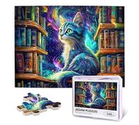 Vintage Library Book Jigsaw Puzzles for Adults 500 Pieces Starry Sky Cat Books Puzzle Retro Bookshelf Wooden Puzzle Literary Theme Books Puzzles for Book Lovers Fun Family Games Home Decor