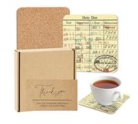 Vintage Library Due Date Card Coaster Set, 4pcs Library Card Coasters with Gift Card, Creative Drink Coffee Mug Coaster Literary Decor Library Gifts for Book Lovers Librarians Writers