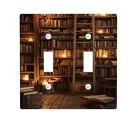 Vintage Library Light Switch Cover Plates/Outlet Covers, Warm Brown Wood and Books Design for Home Decor, Thermoplastic Wall Plates, Standard Size Double Toggle