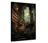 Vintage Library Wall Art Dark Green Gothic Library Poster Medieval Castle Painting Vintage Gothic Prints Dark Academia Wall Canvas Vintage Victorian Art Prints Dark Moody Pictures 16x24inch No Frame