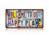Vintage License Plate Wall Decor, Metal Sign WELCOME TO OUR HAPPY PLACE Inspirational Retro Poster, Funny Garden Signs for Bar Home 11.8×5.9 in