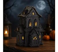 Vintage Light-Up Pumpkin Cottage Halloween Decor, Hand-Painted LED Fall Village House with Warm Glow, Battery-Powered Resin Tabletop Centerpiece for Mantel Shelf Autumn Harvest Display (Black)