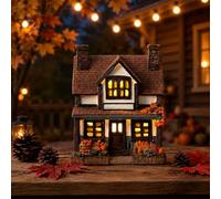 Vintage Light-Up Pumpkin Cottage Halloween Decor, Hand-Painted LED Fall Village House with Warm Glow, Battery-Powered Resin Tabletop Centerpiece for Mantel Shelf Autumn Harvest Display (Brown)