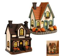 Vintage Light-Up Pumpkins Cottage, Halloween Decorations Lamp Figurine, Handcrafted Glowing Pumpkin Ornament, LED Rustic Festive Decor Courtyard, Luminous Holiday Accent，D