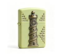 Vintage Lighthouse Carved Flip Top Kerosene Lighter Windproof Tower Wheel Grinding Reusable Fire Lighter for Men Women (E)