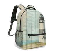 Vintage Lighthouse Starfish Print Backpack 16 Inch Coastal Journey Nautical Seashell Soft Color All Over Printed Daypack (02)