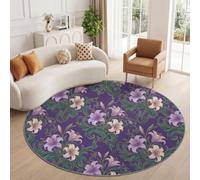 Vintage Lily Round Rug 120 cm Purple Low Pile Carpet for Bedroom | Lavender Acanthus Leaf Vine Scrollwork Machine Washable Circle Area Rugs, Non Slip Soft Carpet for Living Room Kitchen Office