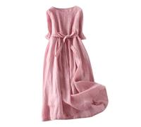 Vintage Linen Dresses for Women UK Cotton Linen Maxi Dresses Lace Up Round Neck Half Sleeve Dress Pleated Boho Beach Holiday Dresses Summer Casual Tunic Dress Elastic Waist Tie Long Dress
