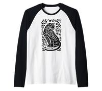 Vintage Linocut Botanical Tiger Block Print Art Raglan Baseball Tee