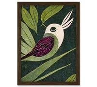 Vintage Linocut Illustration Small Bird With Plant Leaves Artwork Framed Wall Art Print A4 Artery8 Brown One Size