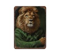 Vintage Lion In A Green Sweater Portrait Retro Poster Metal Tin Sign Chic Art Retro Iron Painting Bar People Cave Cafe Family Garage Poster Wall Decoration 12x16inch(30x40cm)