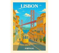 Vintage Lisbon Travel Poster, Portugal Wall Art, Yellow Tram and 25 de Abril Bridge Cityscape. Size A4