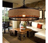 Vintage Loft Chandelier Hanging Lamp Hemp Rope Rustic Ceiling Light Kitchen Island Industrial Ceiling Light Fixure Round Iron Cage Lampshade Restaurants Living Room Bedroom Hallway Pendant Light,50cm