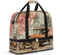 Vintage London Old Car Travel Duffel Bag for Women Men, Retro Flower Foldable Sports Gym Bag Weekend Overnight Totes Carry on Cabin Bag with Shoes Compartment