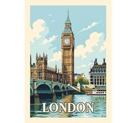 Vintage London Travel Poster, Big Ben and Westminster Bridge Art Print, Retro British Cityscape Wall Decor. Size A4