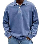 Vintage Long-Sleeved Polo, Men's Fashion Retro Washed Distressed Cotton Lapel Long Sleeve Polo Shirt (Blue,L)