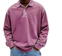 Vintage Long-Sleeved Polo, Men's Fashion Retro Washed Distressed Cotton Lapel Long Sleeve Polo Shirt (Pink,L)