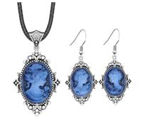 Vintage Look Flower Pendant Lady Queen Cameo Sets For Women Antique Silver Plated Cameo Necklace Earring Jewelry Set, Resin Zinc, No Gemstone