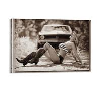 Vintage Look Pinup Girl Hot Cowboy Girl Old Red Car Metal Poster Man Cave Garage Car Decor Tin Sign Poster Cool Artworks Painting Wall Art Canvas Prints Hanging Picture Home Decor Posters Gift Idea 20