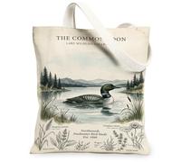 Vintage Loon Wildlife Illustration Canvas Tote Bag 13x15 Inch | Vintage Wildlife Illustration, Lake Landscape Scenery, Botanical Field Guide Elements, Nature-inspired Aesthetic