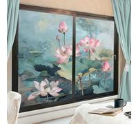 Vintage Lotus Flowers Window Privacy Film Stained Glass Beautiful Nature Plants Rustic Window Clings for Glass Decorative Stickers Static Cling Sun Blocking Coverings 45x60 cm x 2 Pcs