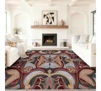Vintage Luxury Style, Geometric Pattern Flowing Line Gold Leaf Soft Rugs | 60 x 90 cm Multicolour Soft Design Short Pile Area Rug, Machine Washable Non-Shedding Rug for Bedroom Living Room