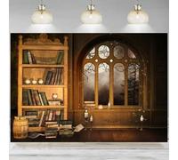 Vintage Magic Room Photography Background Retro Bookcase Backdrop Old Bookshelf Window Book Candle Moon Night Party Banner 300x200cm