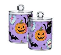 Vintage Magical Spiritual Halloween Cat Clear Plastic Storage Container Jars with lid Dresser Essentials Decorative storage bin for Cotton Swabs,Cotton Pads,Floss Picks,Paper Clips,Hair Clips 2 Pack