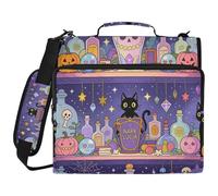 Vintage Magical Witch Tool Cute Cat Halloween 1.5 Inch 3 Ringing School Zipper Binder with Handle and Removable Shoulder Strap Multi-Pocket Document Binder Organizer for School and Office