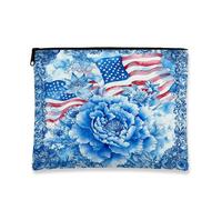 Vintage Makeup Bag, Patriotic Watercolor Peony Travel Cosmetic Pouch for Women, Portable Zipper Organizer, Fourth of July Gift Bag, blue, 7x9 Inch, Flowers