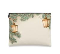 Vintage Makeup Bag, Rustic Lanterns Pine Tree Cosmetic Travel Pouch for Women, Portable Small Canvas Zipper Organizer, Holiday Skincare Toiletry Bag, Green, 7x9 Inch, Bag