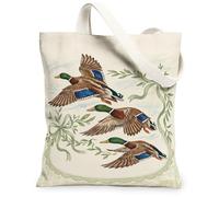 Vintage Mallard Duck Illustration Ducks Canvas Tote Bag 13x15 Inch | Vintage Botanical Ribbon Frame, Wildlife Art Illustration, Rustic Cottage Aesthetic, Nature-inspired Design