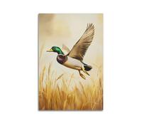 Vintage Mallard Duck in Flight Wall Art, Rustic Marsh Wetlands Wildlife Hanging Paintings Poster, Neutral Country Canvas Print, Elegant Farmhouse Decor for Livi 16x24inch(40x60cm)