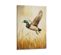 Vintage Mallard Duck in Flight Wall Art, Rustic Marsh Wetlands Wildlife Hanging Paintings Poster, Neutral Country Canvas Print, Elegant Farmhouse Decor for Livi 12x18inch(30x45cm)
