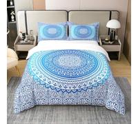 Vintage Mandala 100% Natural Cotton Duvet Cover Double Size Gradient Blue Mandala Blooming Flowers Bedding Set for Kids Teens Adults Exotic Floral Tribal Boho Style Quilt Cover with 2 Pillowcases