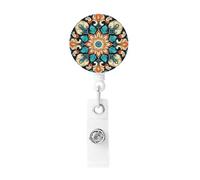 Vintage Mandala Flowers Badge Reel Retractable Badge Holder with Keychain Id Clips for Badges Lightweight Plastic Name Card Holders for Nurses Office Teacher