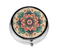 Vintage Mandala Flowers Pill Box Metal Round Small Pill Case Cute 3 Compartment Pill Organizer Portable Travel Pillbox Mini Pill Container Holder for Daily Medicine Supplement Vitamin