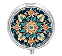 Vintage Mandala Flowers Round Pill Box 3 Compartment Medicine Pill Organizer with Mirror Travel Small Pill Case Cute Vitamin Organizer Portable Daily Pill Container for Pocket Purse