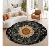 Vintage Mandala Round Rug 90 cm Green Low Pile Carpet for Bedroom | Nature Flower Sunflower Leaf Machine Washable Circle Area Rugs, Non Slip Soft Carpet for Living Room Kitchen Office